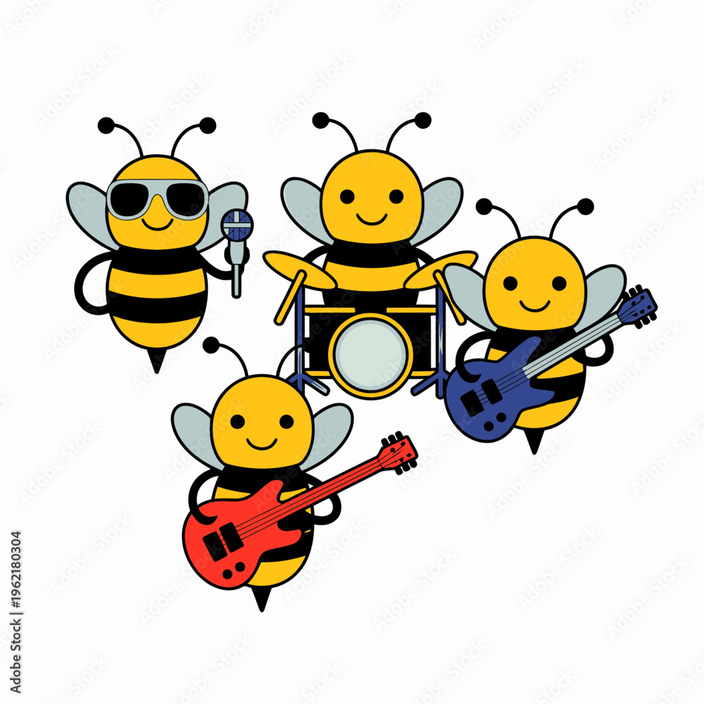 Fototapeta premium Cartoon Bees Playing Musical Instruments on White Background