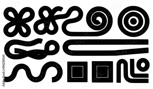 Abstract Road and Highway Shapes Collection with Curves, Loops and Dashed Lines Vector Set