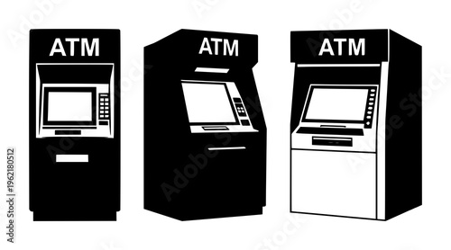 ATM machine set with simple silhouette featuring banking, finance, digital currency icons with black and white and line art