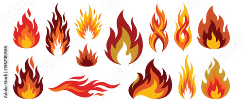 Set of colorful fire icon collection with flame tattoo element.