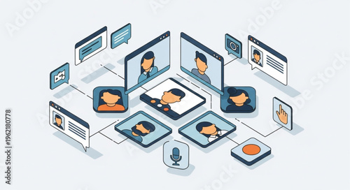 Isometric Illustration of a Virtual Meeting with Multiple Participants.