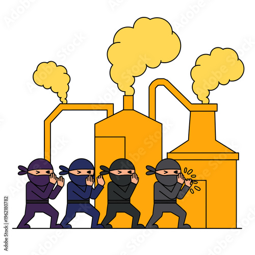 Ninjas Sneaking Past Industrial Factory with Smoke Stacks
