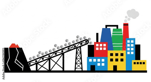 Industrial Complex with Conveyor Belt and Mining Operation Illustration.