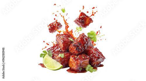 Delicious sticky glazed meat bites with fiery red sauce splashing dynamically and fresh cilantro garnish.