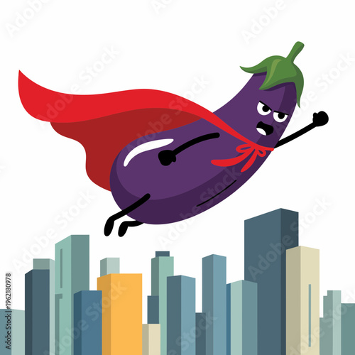 Super Eggplant Flying Over City Skyline