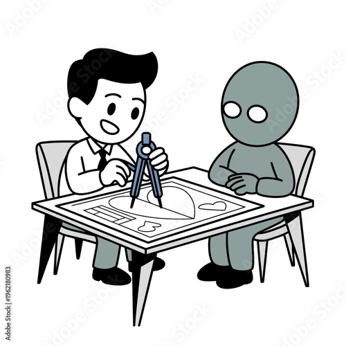 Man teaching robot geometry with compass on desk