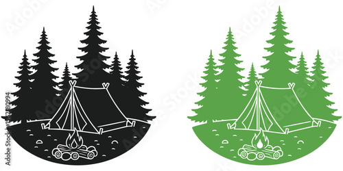Camping scene illustration, tent and campfire, evergreen forest, outdoor adventure artwork, black and green vector design, nature exploration concept