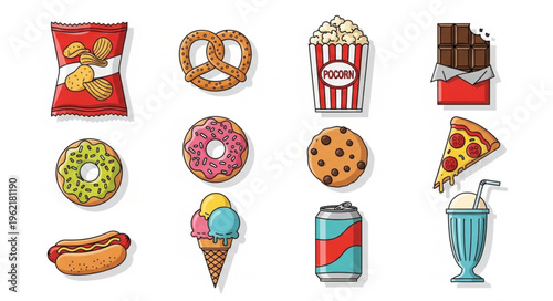 Assortment of Unhealthy Junk Food Items Illustration.