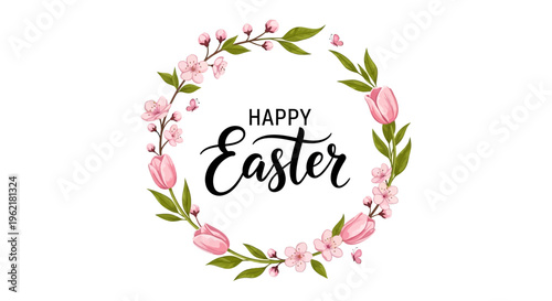 Elegant Easter typography design featuring a Happy Easter quote vector in a floral wreath with colorful flowers and leaves on a white background