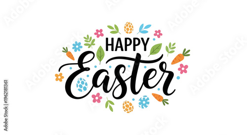 Colorful Easter celebration design featuring Happy Easter typography with floral and leaf elements on a white background