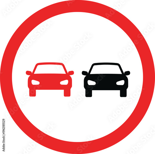 No overtaking traffic sign, road safety regulation symbol with red border and car icons - flat vector illustration