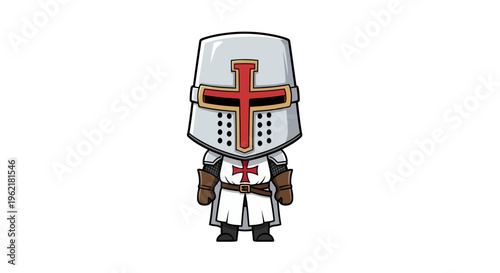 Stylized Cartoon Knight Character with Medieval Armor and Red Cross Emblem Illustration