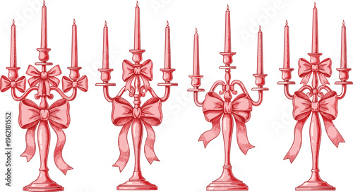 Hand-Drawn Elegant Red Candleholders with Bows and Multiple Candles for Decorative, Holiday, and Romantic Designs
