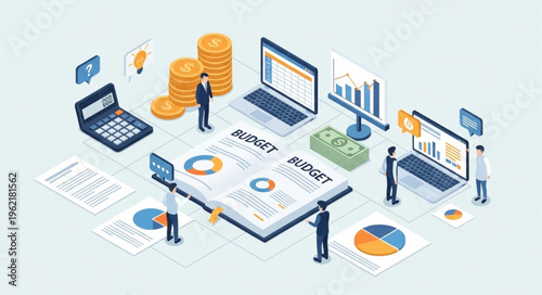 Isometric Budget Planning and Financial Analysis Illustration with Business Professionals.