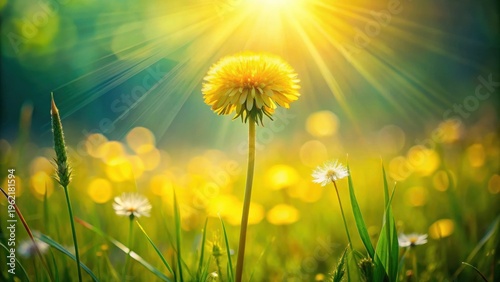 A single dandelion basking in the warm glow of sunrise, surrounded by a field of softly blurred yellow wildflowers and tall green grass