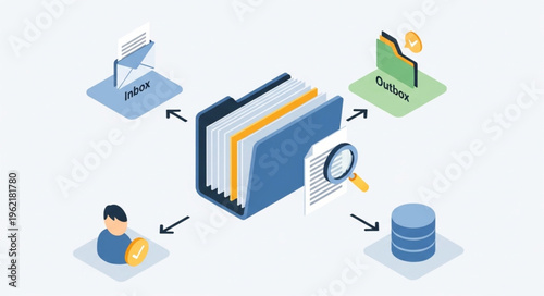 Isometric Illustration of Data Management System with Folder and Connections.