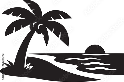 Black and yellow background featuring a silhouette of a palm tree and a bright sun