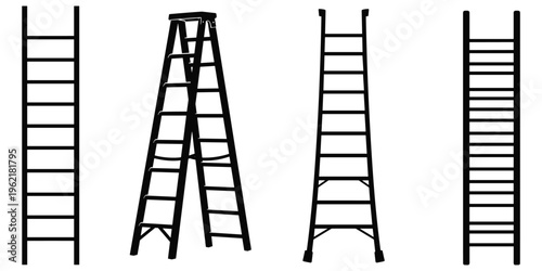 Ladder silhouette illustration, straight ladder, step ladder, extension ladder, construction tool artwork, household equipment vector, black design concept