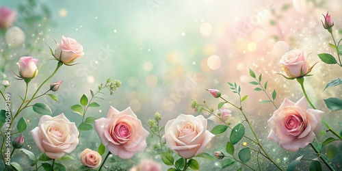 A Softly Lit Arrangement of Delicate Pink Roses in Full Bloom, Glimmering with Enchanting Light and Magic, Evoking Feelings of Romance and Serenity