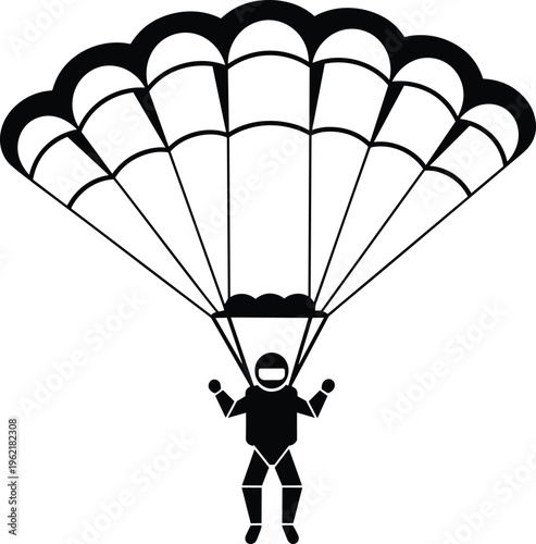 Parachute silhouette illustration, skydiver with deployed canopy and suspension lines in flight - black and white vector design