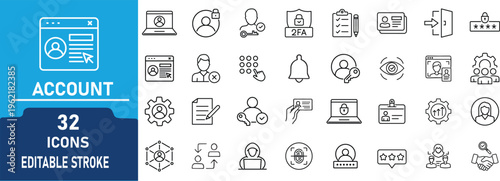 User Account and Authentication Line Icon Set. Contain to related icons login, password security, profile management, 2FA verification and access control. Editable stroke. Vector illustration.