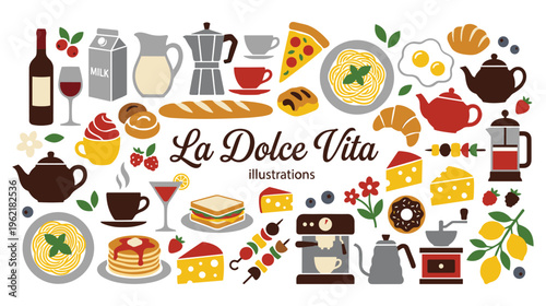 La dolce vita illustrations in colorful flat design style.