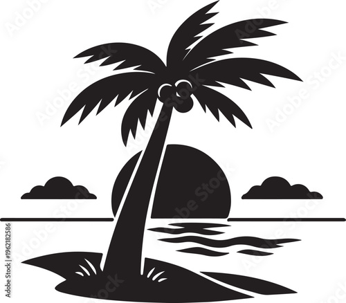 Black and white drawing of a palm tree beside the ocean, capturing a serene coastal scene