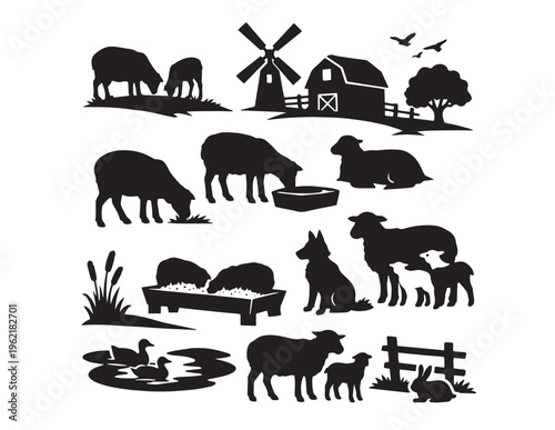 Farm animal silhouettes, rustic countryside livestock and rural landscape elements, a graphic vector collection for agricultural designs.