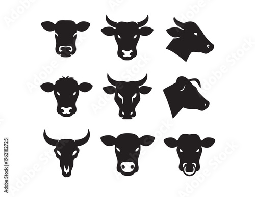 Black silhouette cow head vector icons, a collection of farm animal illustrations, cattle and bull faces for butchery, agriculture, or ranch branding.