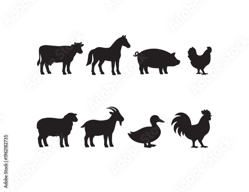 Farm animal silhouettes, a collection of domestic livestock vectors. Black barnyard creature icons, perfect for agricultural designs and rural themes.