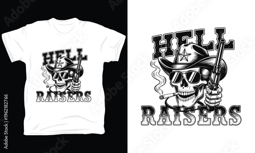 Hell raisers skull illustration, cowboy hat with gun vector for clothing designs.