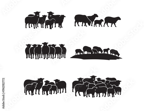 Black sheep silhouettes, a collection of farm animal vectors. Various sheep herds and flocks, perfect for agricultural designs, rural themes, and livestock illustrations.