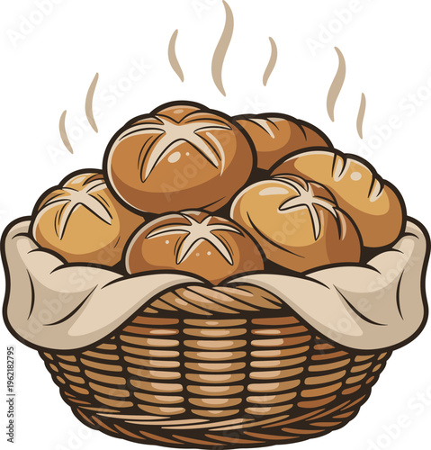 Freshly Baked Bread Rolls in Wicker Basket, Steaming, Stock Illustration