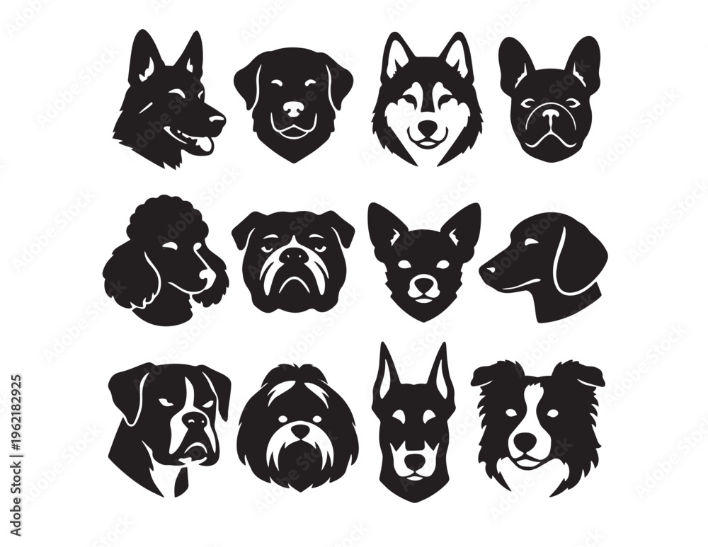 Fototapeta premium Dog breed head silhouettes, diverse canine vector collection, black and white pet animal portraits, graphic resource for veterinary, pet shop, or animal rescue branding