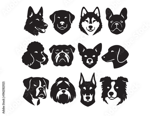 Dog breed head silhouettes, diverse canine vector collection, black and white pet animal portraits, graphic resource for veterinary, pet shop, or animal rescue branding