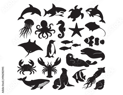 Oceanic marine life vector silhouette collection, diverse sea creatures and aquatic animals, black graphic elements for nature and wildlife designs, underwater world illustration set