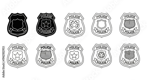 Police Badge Icons and Symbols Representing Law Enforcement and Security