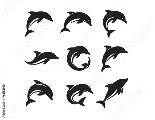 Dynamic dolphin vector set, nine elegant black dolphin silhouettes, jumping and swimming marine animal illustrations, ocean life graphic resources for branding and design projects