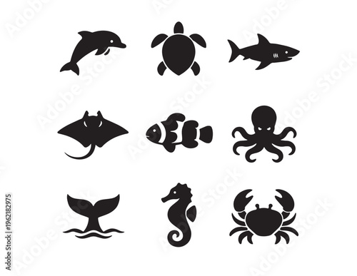 Ocean animal silhouette vector icon set. Marine life creatures, a collection of sea animals including dolphin, turtle, shark, stingray, clownfish, octopus, whale tail, seahorse, and crab