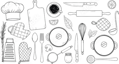 Kitchen utensils set illustration, cooking tools outline, chef equipment collection, baking accessories, food preparation icons, cad drawing flat vector illustration