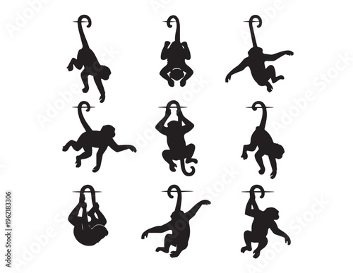 Playful monkey silhouettes, a collection of nine black vector illustrations, dynamic primate poses, hanging and swinging monkeys, jungle animal graphics for design projects