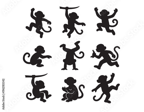 Playful monkey silhouettes vector set, nine black primate animal illustrations, jungle wildlife graphic resource for children's designs and educational materials