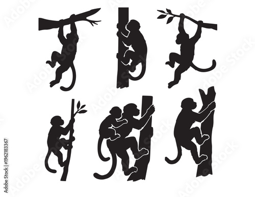 Dynamic monkey silhouettes, a versatile vector collection of primate poses. Playful black monkey illustrations, climbing and hanging on trees, ideal for jungle themes and wildlife designs.
