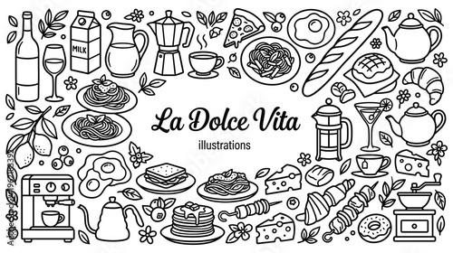 La dolce vita illustrations in black and white outline style.