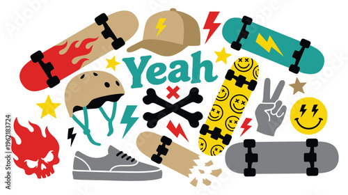 Skateboard culture elements with skull and lightning bolt.