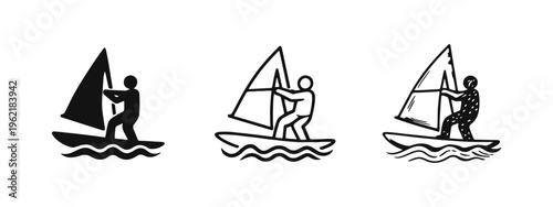 Windsurfing Sport Icon Set. Surfer on water with sail, extreme water sport and recreation symbol vector illustration.