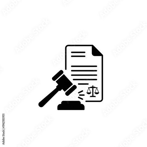 A gavel is shown striking a sounding block next to a legal document featuring the scales of justice emblem, representing judicial ruling or arbitration contract .