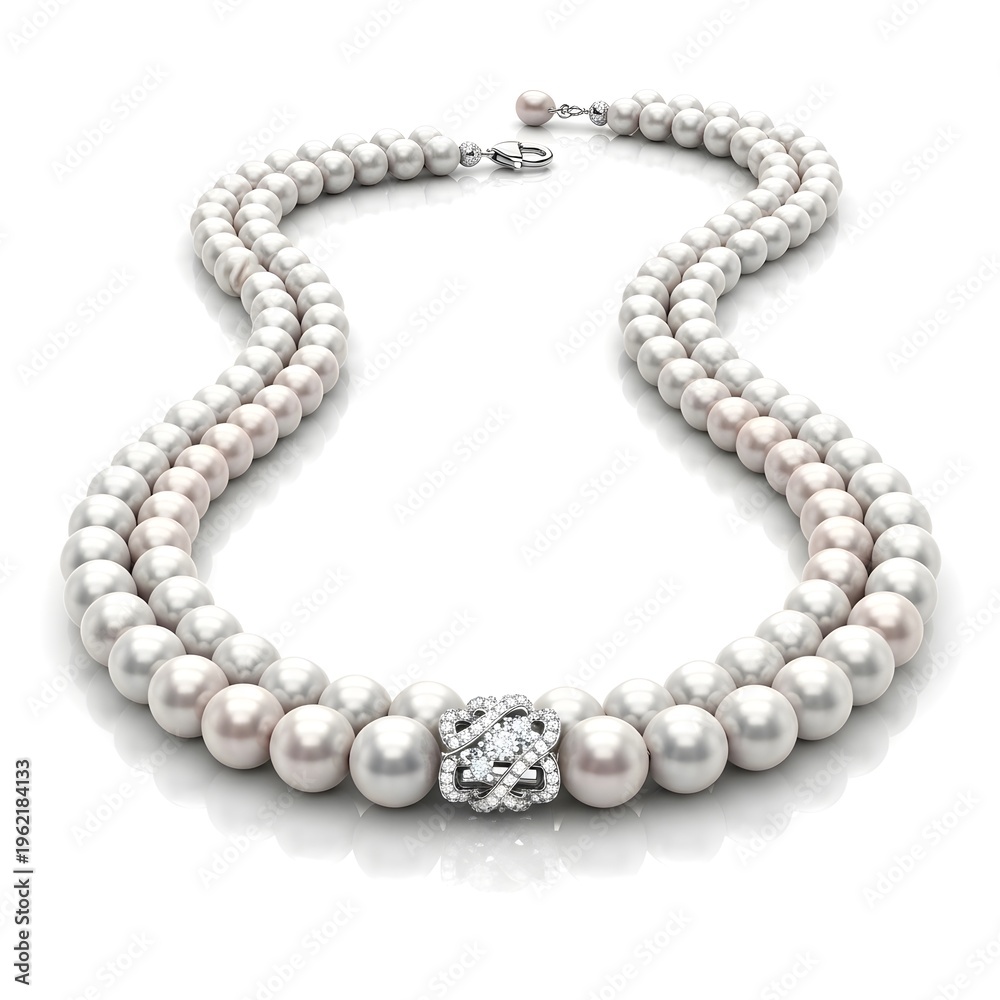 Fototapeta premium Elegant double strand pearl necklace with diamond clasp