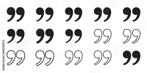 Black and white quote mark icons set for text punctuation and speech bubble design elements in various styles.