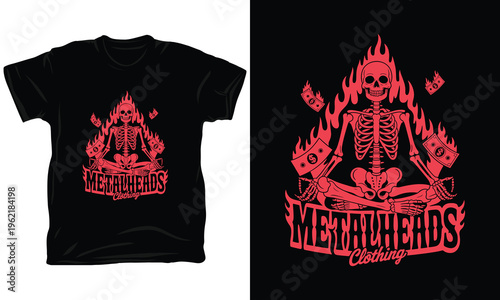 Metalheads clothing skeleton meditating in fire vector illustration with floating cash art.